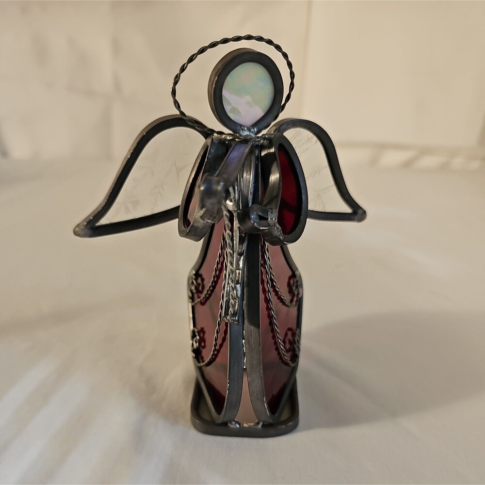 Vintage Red and Clear Stained Glass Angel with Harp Made in 1996